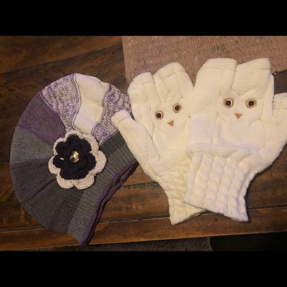NWT BOHO HAT AND OWL FINGERLESS GLOVES SET. Beautiful knitting.